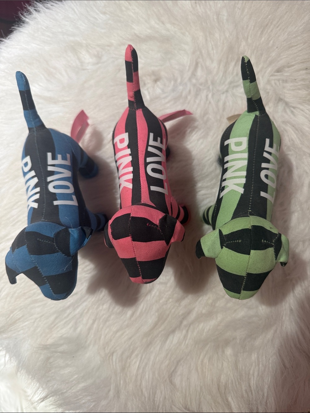 PINK Victoria's Secret Plush Dog Trio - Pink, Blue & Green Striped